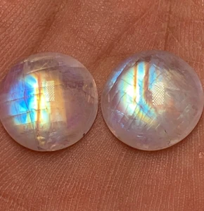 AAAA Blue Multi Flashy Fire Rainbow Moonstone, Smooth Round Cabochon Size 14 MM - Picture 1 of 20