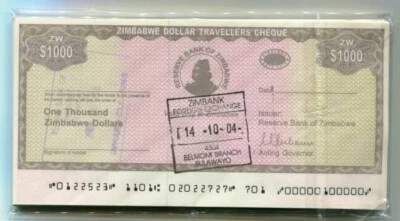 Zimbabwe Dollar Travelers Check $1 000 2003 P15 AUNC Rare x 100 Pieces Bundle - Image 1 of 2