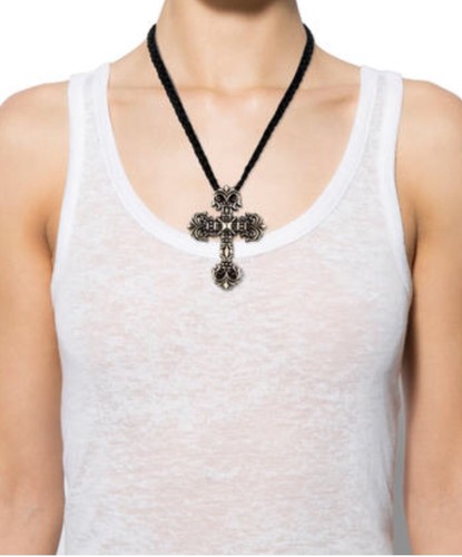 CHROME HEARTS Collana CUORI CROMATI Grande Croce con Pelle Intrecciata!