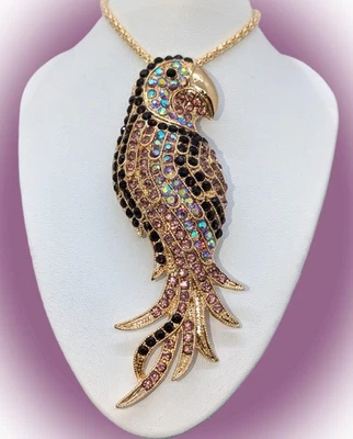 Gorgeous!  Betsey Johnson Shades of Purple & AB Crystal Large Parrot  Necklace - Image 1 of 4