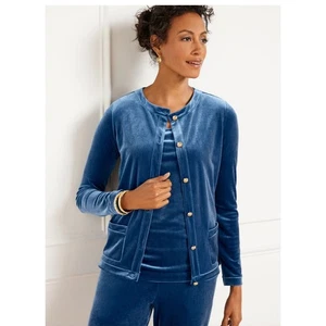 Talbots Stretch Samt Strickjacke Hose Set Outfit Blau Gold Damen Größe M - Bild 1 von 11