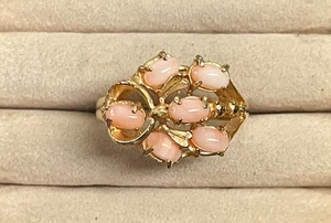 Anillo racimo cabujón coral piel de ángel rosa chapado en oro vintage B069 - Imagen 1 de 7