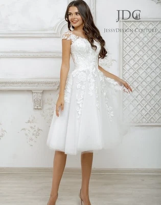 Wadenlanges Spitze Brautkleid Hochzeitskleid Standesamtskleid kurzarm Schnürt - Bild 1 von 4