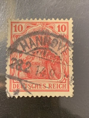 Rare 1914 Red Deutsches Reich Stamp 10pf, Lozenge Wm, Hand stamp - Image 1 of 2