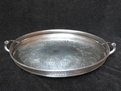 BANDEJA DE SERVIR PLATO PLATEADO VINTAGE DE CAVALIER SHEFFIELD GALERIA OVALADA (B) Foto 1 de 4