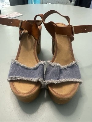 Forever High Heel Platform Shoes Denim And Brown 10 US Thrill-13 Buckle Strap - Image 1 of 4