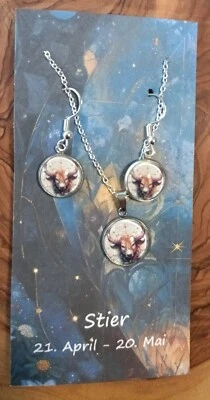 Cabochon Schmuckset Ohrringe Und Halskette Sternzeichen Stier  - Bild 1 von 4