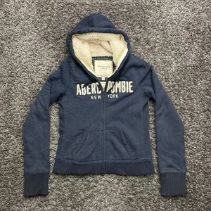 Sudadera con Capucha Abercrombie & Fitch Y2K Forrada de Piel Niños Grande Azul Cremallera Completa Spellout - Imagen 1 de 10