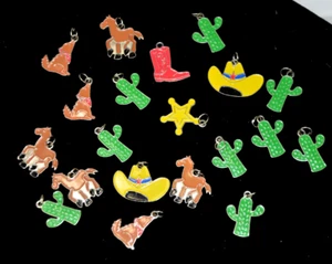 Cowboy Theme Charms Lot Metal Enamel Hat Horse Cactus Western Jewelry Making Vtg - Picture 1 of 2