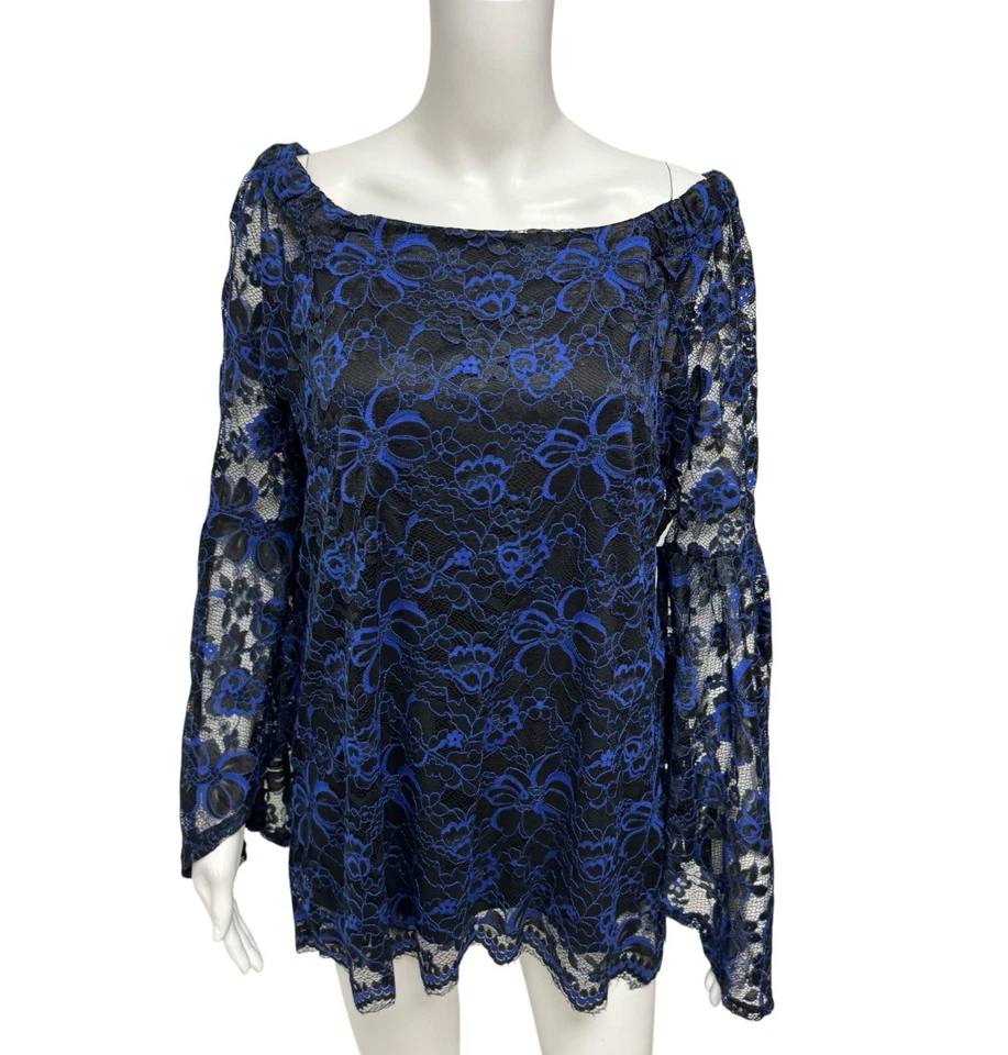 Blusa Relativity Mujer Encaje Hombros Abiertos Manga Campana Negro Azul Talla L Foto 1 de 4