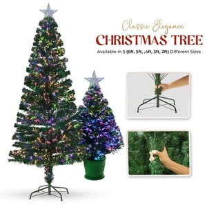 Pre Lit Fiber Optic Christmas Xmas Tree Colour Changing Xmas Lights Star Green - Picture 1 of 50
