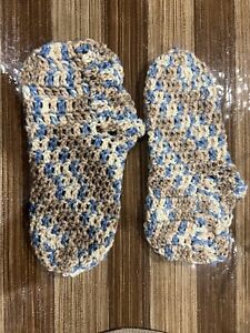 Handmade Crocheted Slippers - Tan/Blue Multi - Size Small