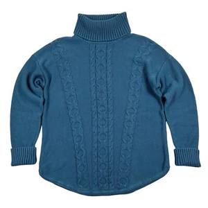 LL Bean Blue Double L Mixed Cable Knit Sweater Turtleneck Cotton Size M - Picture 1 of 13