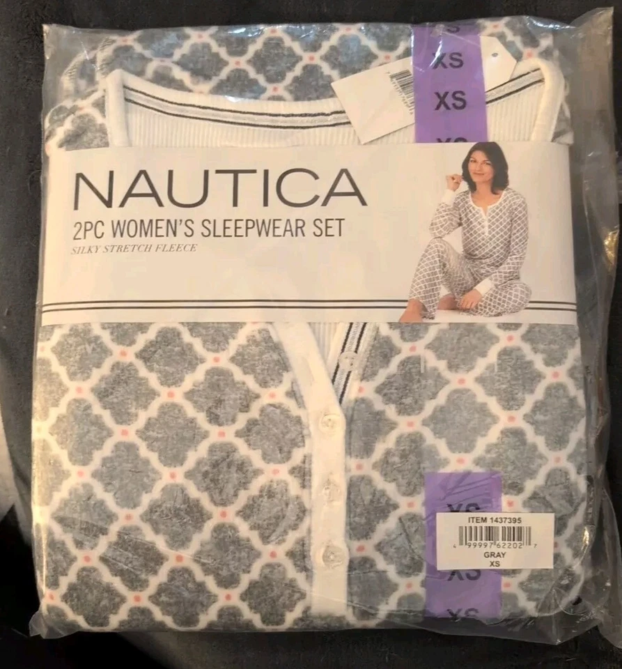 Nautica 2pc Women's Sleepwear Set Silky Stretch Fleece Gray Medium Size