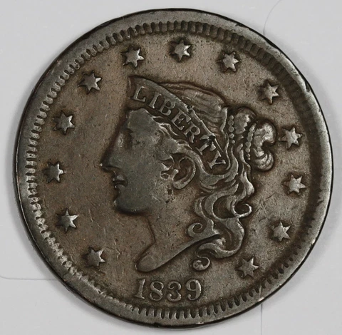 1839 Matron Head Large Cent Penny- Head of 1838, Beaded Cords   VF.   185337 Cover