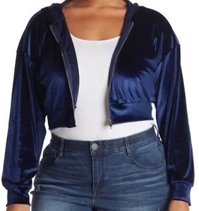 NTW Women Curvy Sense Velvet Zip HoodieJacket Long Sleeve Crop Coat Blue Size 3X - Picture 1 of 11