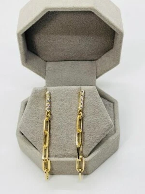 PENDIENTE COLGANTE CHAPADO EN ORO 14K CON CIRCONITA BLANCA Y CLIP ESLABONES DE CADENA SE29 Foto 1 de 2