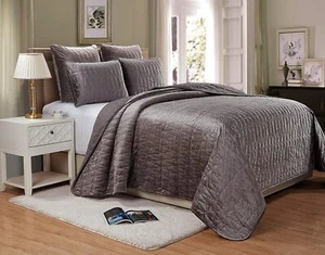 Sheila 3-teilig einfarbig grau Premium Schwergewicht Samt Moderne Bettwäsche Quilt Set - Bild 1 von 5