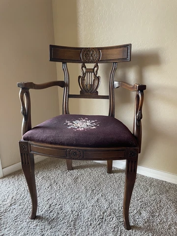 Antique 1890’s Swan Goose Neck Carved Arm Chair With Needlepoint Seat EUC Heavy Cover