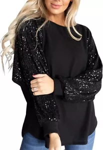 Women’s Loose Elegant Glitter Sequin LS Black Blouse Top L NIP - Picture 1 of 9