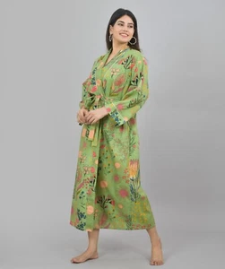 Green Floral Print Cotton Kimono Robe Dressing Gown, Block Print Bridesmaid Robe - Picture 1 of 6