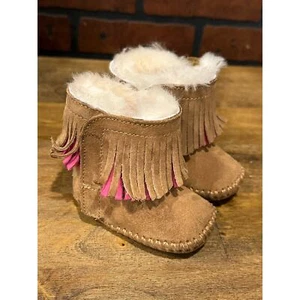 UGGS BRANYON FRINGE Bootie Moccs Pink & Camel Brown Size 0/1 Baby Uggs EUC - Picture 1 of 8