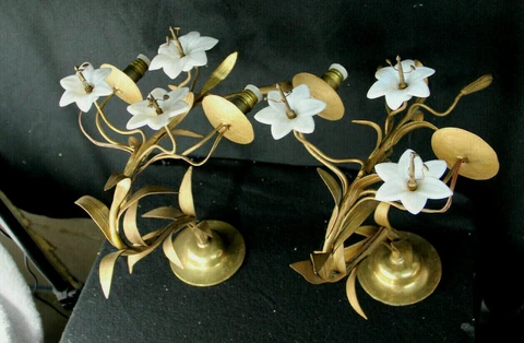 PAIR large antique french religious church brass opaline lily flower sconces Cover