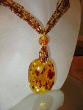 891- ESTATE NECKLACE GLASS SEED BEADS MULTI STRANDS LARGE LAB AMBER PENDANT BEAD