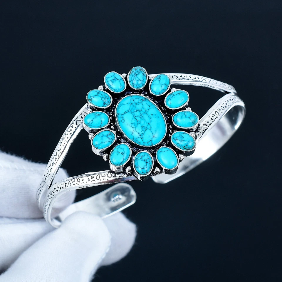 925 Sterling Silver Natural Turquoise Gemstone Handmade Jewelry Cuff Bracelet - Image 1 of 4