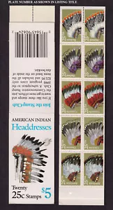 1990 BK179 Indian Headdresses 25c (2 panes Sc 2505a) booklet plate number 2 - Picture 1 of 1