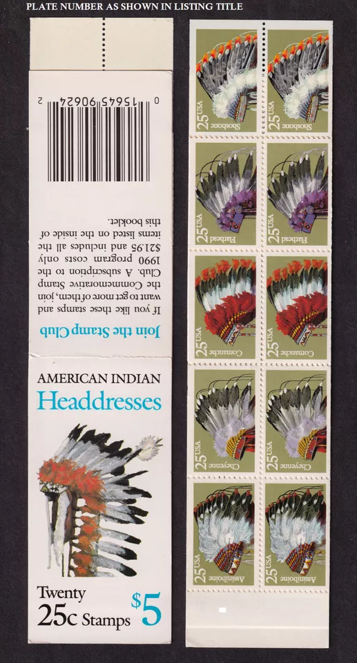 1990 BK179 Indian Headdresses 25c (2 panes Sc 2505a) booklet plate number 2 - Image 1 of 1