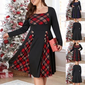 Plus Size Christmas Women Check A-Line Dress Casual Cocktail Party Midi Dresses - Picture 1 of 14