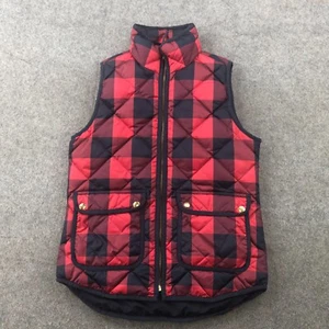 J Crew Vest Womens 2XS Red Black Buffalo Check Sleeveless Full Zip Goose Down - Picture 1 of 12