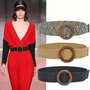 Vintage Bohemian Fake Straw Linen Weave Wide Braided Women Belt Wooden Buckle - Picture 1 of 20