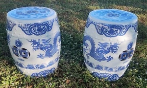 PAIR of Blue And White Chinese Republic Dragon Garden Drum Stool Floral Seat - Picture 1 of 16