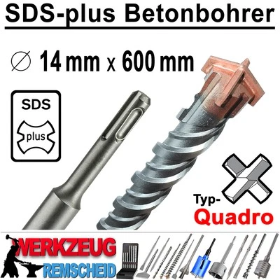 SDS-plus Quadro Hammerbohrer Bohrhammer Beton Stein Bohrer Ø 14 mm x 600 mm Lang - Bild 1 von 4