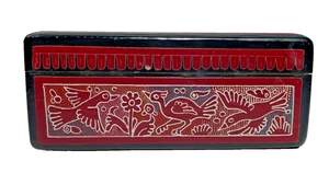 Olinala Mexican Wood Lacquer Trinket Box Hinge Hand Carve Painted Red Birds Cats - Picture 1 of 12