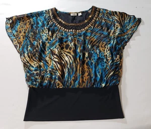 Cato Beaded Rhinestone Neck Batwing Blouse M Multicolor Polyester Stretch - Picture 1 of 6