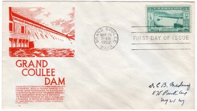 1952 FDC 1009 Grand Coulee Dam Fiftieth Year, C. Stephen Anderson orange cachet - Image 1 of 2