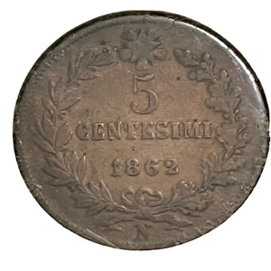 1862 N Italy 5 Centesimi Coin Bronze 25mm King Vittorio Emanuele II KM 3.3 Rare! - Picture 1 of 18