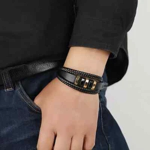 (Select) Bracciali Uomo In Pelle Nera Multistrato Intrecciati lusso acciaio inox - Foto 1 di 3