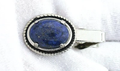 1 1/2 INCH  18x13 OVAL LAPIS LAZULI GEMSTONE SILVER COLOR TIE CLIP TIE BAR EPTT8 - Image 1 of 2