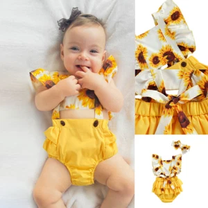 Recién Nacido Bebé Niña Floral Volantes Girasol Mameluco Mono Diadema Conjunto de Ropa - Imagen 1 de 10