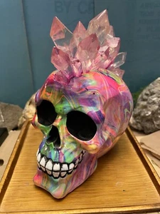 Crazy Wild Light-Up Skull with Mohawk Crystal Hair Statue-7'' LED Color Changing - Picture 1 of 4