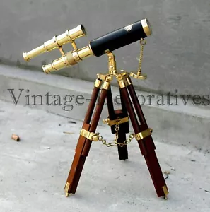 New handmade antique brass mini Double barrel 10'' telescope tripod style wooden - Picture 1 of 4
