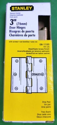 One Pair (2) Stanley 08-1100 Steel Satin Brass Finish Door Hinges 3” 76mm 741 - Image 1 of 4