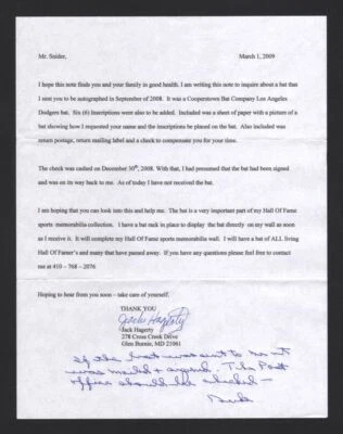 DUKE SNIDER SIGNED Note Handwritten Letter (d.2011) HOF 1955 1959 Dodgers - Image 1 of 3