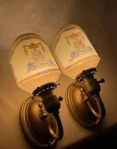 REWIRED Pair Antique Vtg Art Deco Glass Wall Sconces Hollywood Regency Gold Blue - Picture 1 of 24