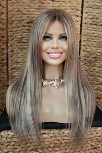 Perücke Echthaar Lace Front Wig Balayage blond braun Highlights Piano glatt lang - Bild 1 von 19