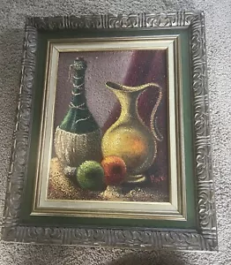 Morell strukturierter Ölgemälde Krug, Weinflasche und Obst 12" x 16". - Bild 1 von 18